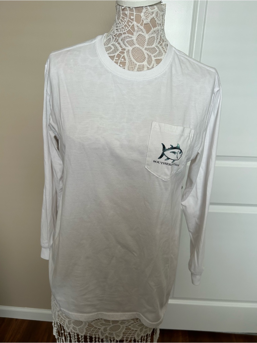 Southern Tide White Long-Sleeve Pocket Tee with Fish Graphic
